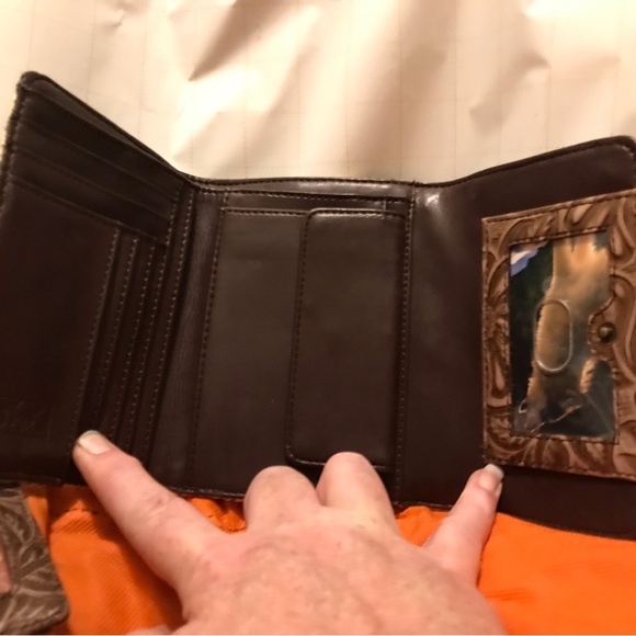 Sharif leather embossed satchel with two matching wallets. Like new.  Earth tone
